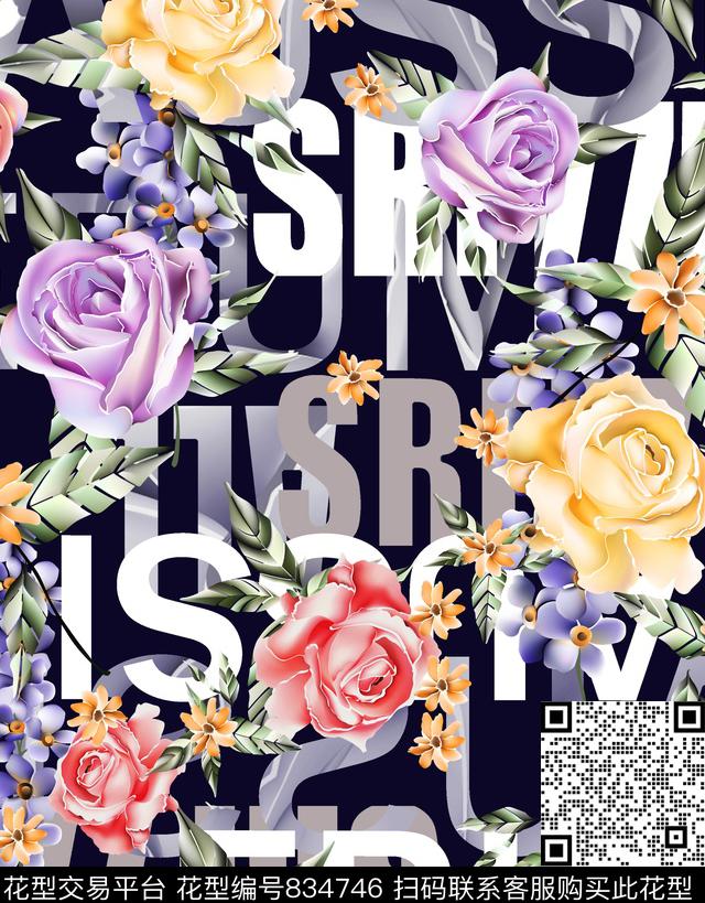 水彩花卉英文字数码印花华亿平台下载（图片编号: 834746） - 瓦栏（Walan）
