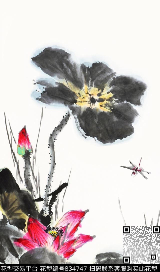 荷花水彩国画数码印花华亿平台下载（图片编号: 834747） - 瓦栏（Walan）