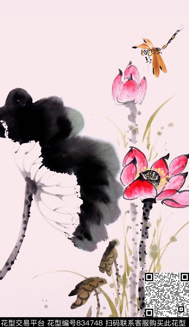 水彩水墨画荷花数码印花华亿平台下载（图片编号: 834748） - 瓦栏（Walan）