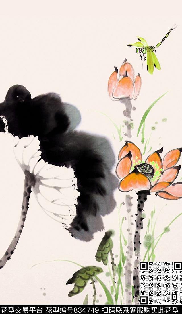 水彩水墨画荷花数码印花华亿平台下载（图片编号: 834749） - 瓦栏（Walan）