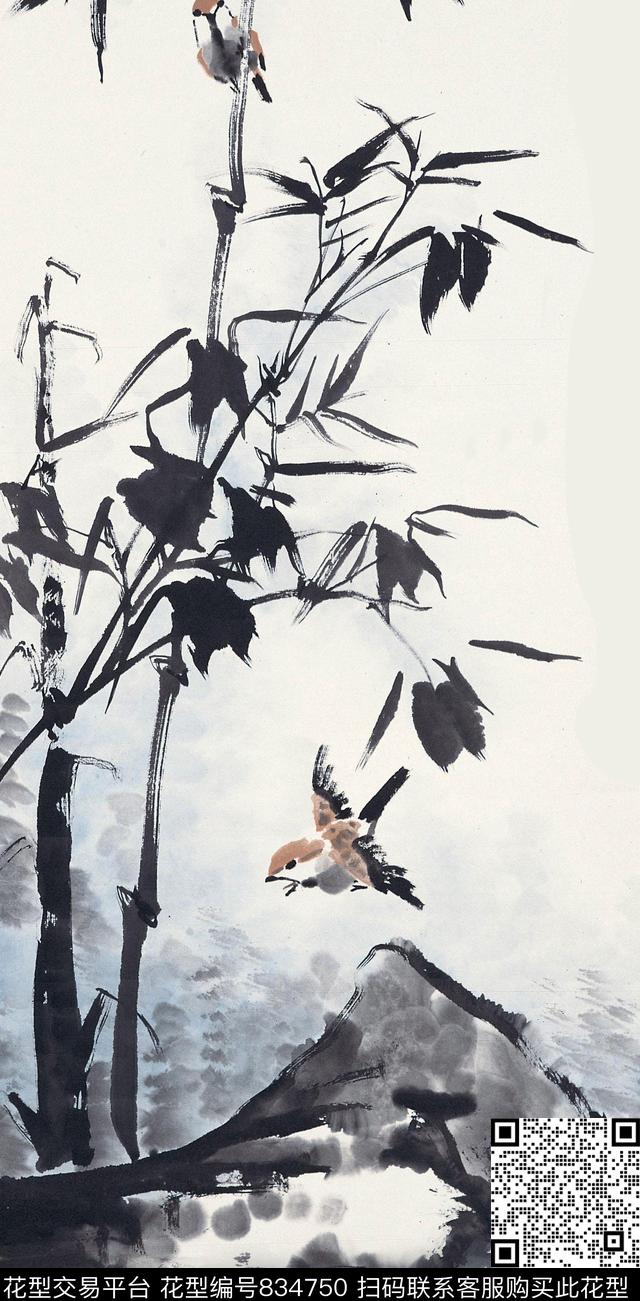 水墨竹子国画数码印花华亿平台下载（图片编号: 834750） - 瓦栏（Walan）