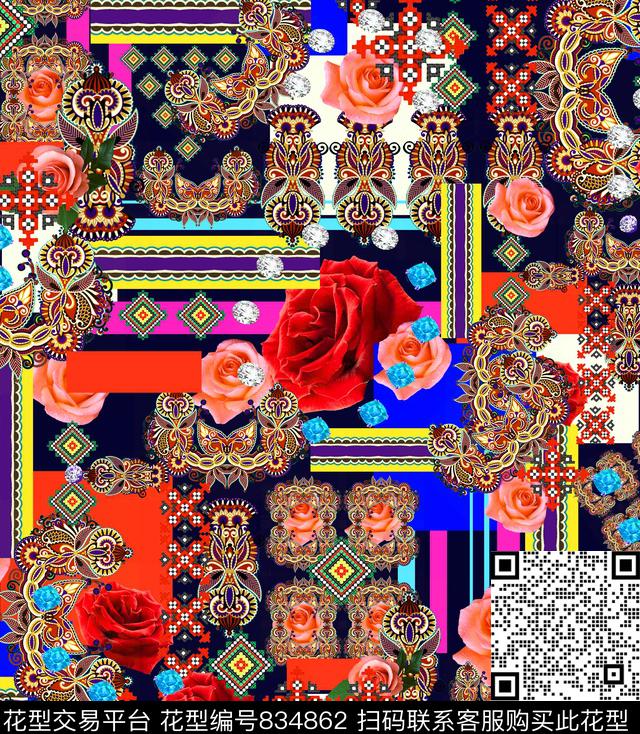 民族风图腾玫瑰数码印花华亿平台下载（图片编号: 834862） - 瓦栏（Walan）