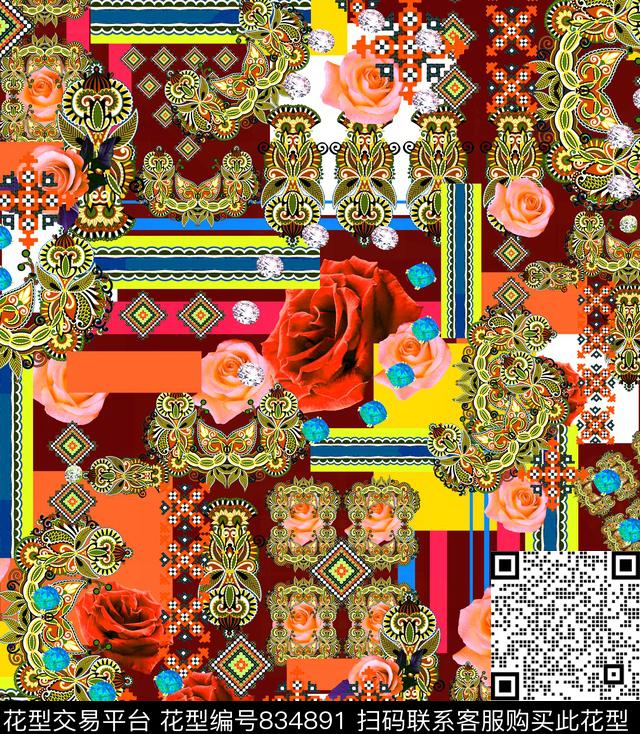 民族风图腾玫瑰数码印花华亿平台下载（图片编号: 834891） - 瓦栏（Walan）