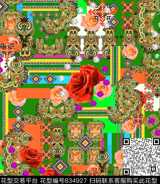 民族风图腾玫瑰数码印花华亿平台下载（图片编号: 834927） - 瓦栏（Walan）