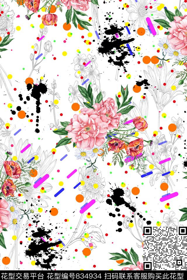 花卉几何水墨数码印花华亿平台下载（图片编号: 834934） - 瓦栏（Walan）