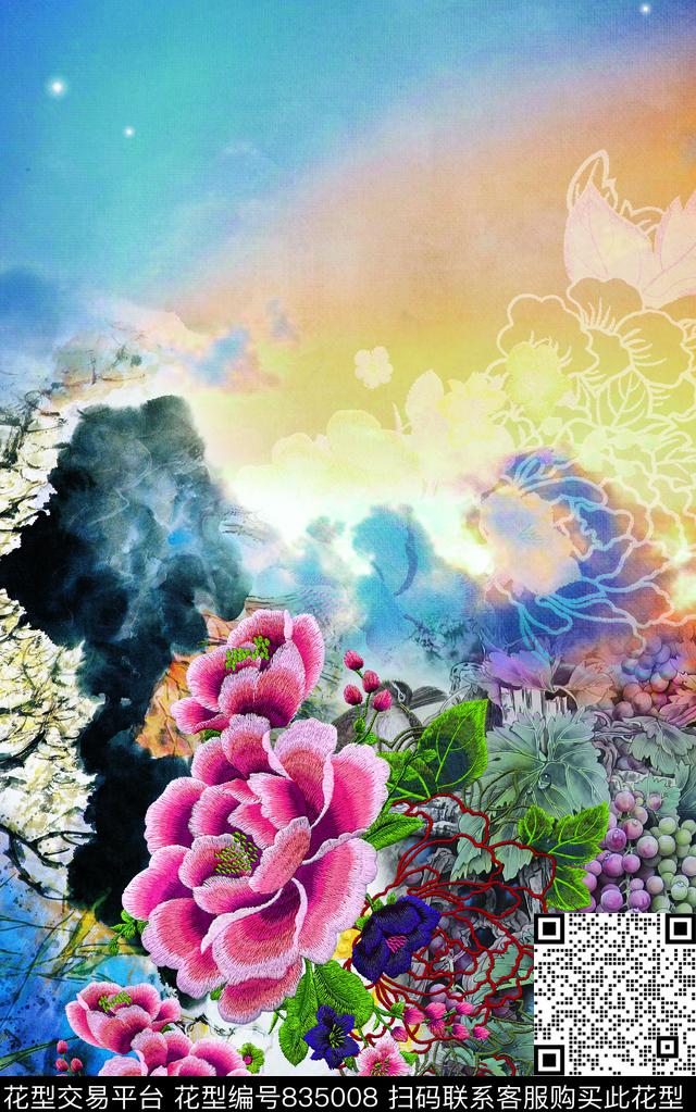 中国刺绣水墨画牡丹数码印花华亿平台下载（图片编号: 835008） - 瓦栏（Walan）