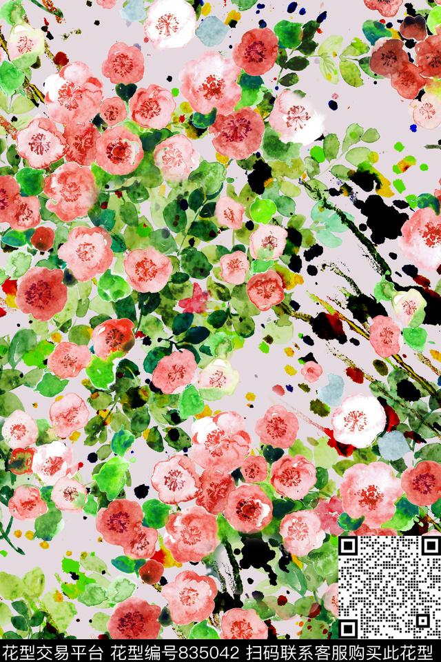 小花卉水彩浪漫花卉数码印花华亿平台下载（图片编号: 835042） - 瓦栏（Walan）