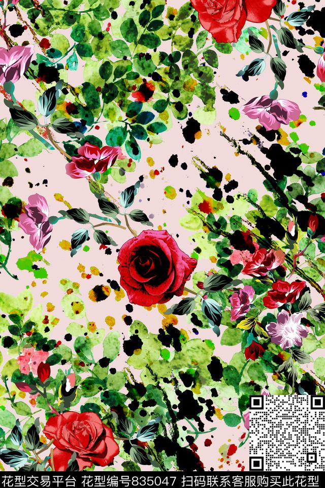 花卉水彩泼溅数码印花华亿平台下载（图片编号: 835047） - 瓦栏（Walan）