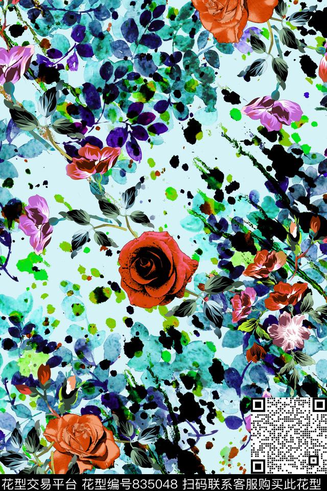 花卉水彩泼溅数码印花华亿平台下载（图片编号: 835048） - 瓦栏（Walan）