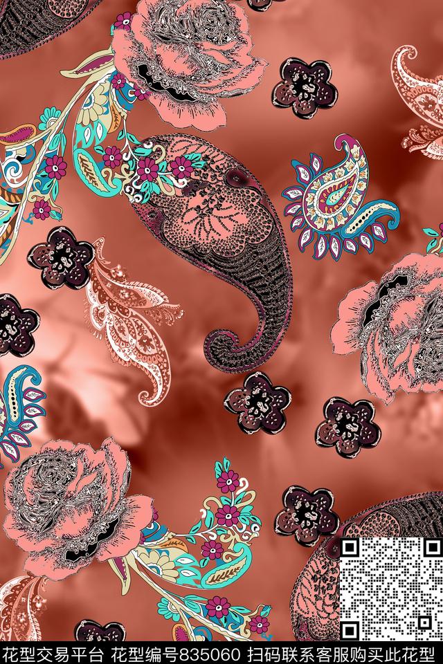 民族风腰果花卉数码印花华亿平台下载（图片编号: 835060） - 瓦栏（Walan）