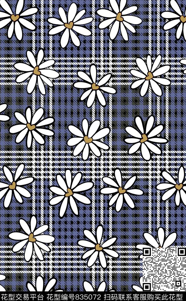 手绘格子菊花传统印花华亿平台下载（图片编号: 835072） - 瓦栏（Walan）