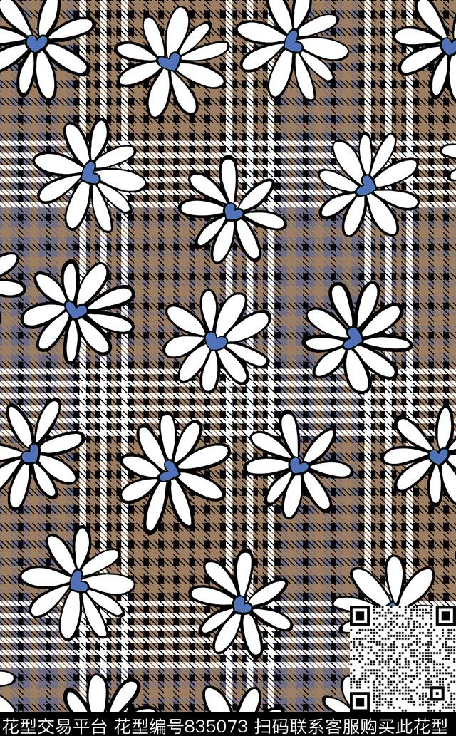 手绘格子菊花传统印花华亿平台下载（图片编号: 835073） - 瓦栏（Walan）