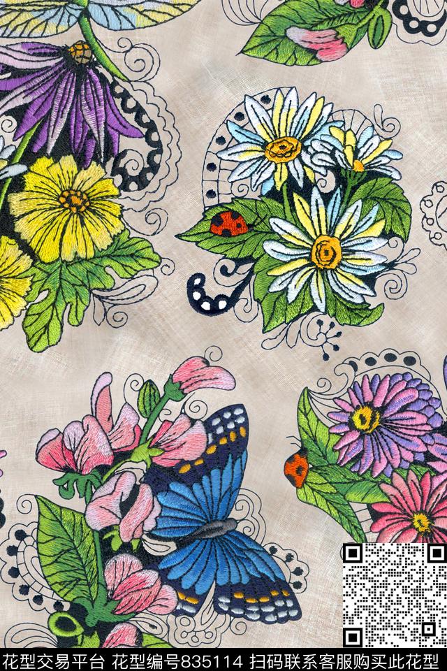 绣花刺绣蝴蝶数码印花华亿平台下载（图片编号: 835114） - 瓦栏（Walan）