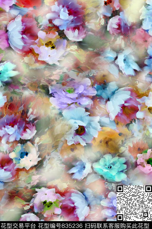 手绘花多色花朵乱花数码印花华亿平台下载（图片编号: 835236） - 瓦栏（Walan）