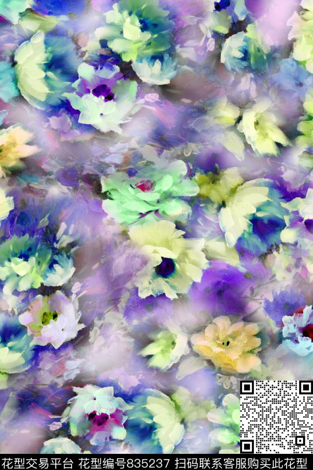 手绘花多色花朵乱花数码印花华亿平台下载（图片编号: 835237） - 瓦栏（Walan）