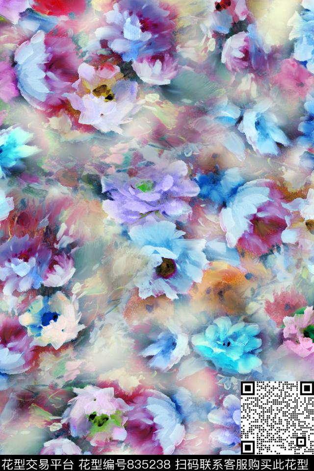 手绘花多色花朵乱花数码印花华亿平台下载（图片编号: 835238） - 瓦栏（Walan）