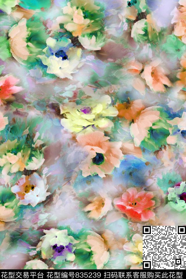 手绘花多色花朵乱花数码印花华亿平台下载（图片编号: 835239） - 瓦栏（Walan）