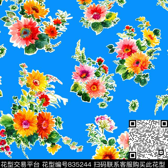 手绘花朵花卉数码印花华亿平台下载（图片编号: 835244） - 瓦栏（Walan）