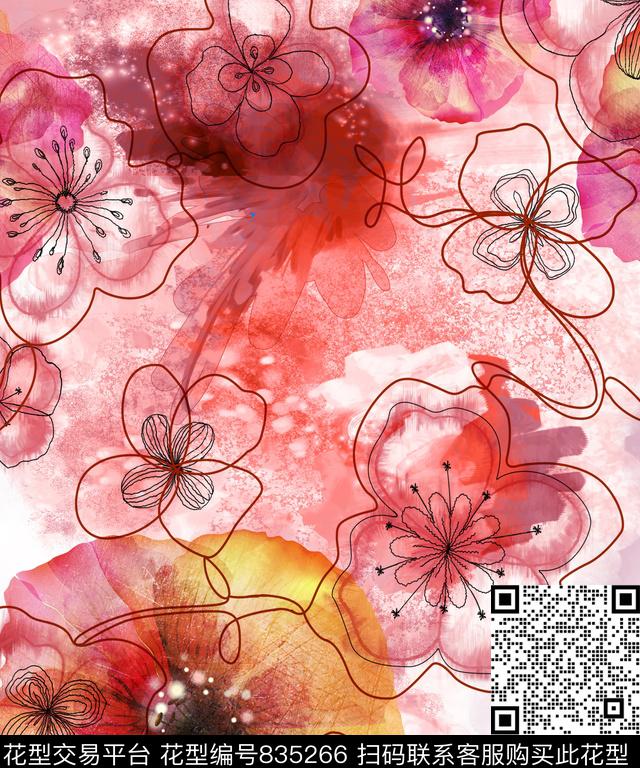 流行花卉优雅大花数码印花华亿平台下载（图片编号: 835266） - 瓦栏（Walan）