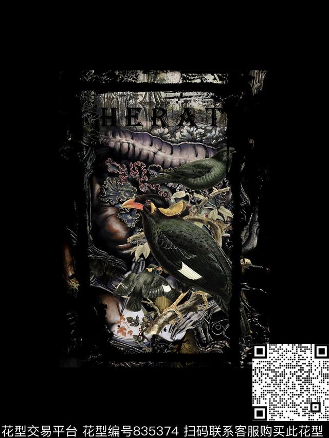 鸟复古边框男装T恤华亿平台数码印花华亿平台下载（图片编号: 835374） - 瓦栏（Walan）