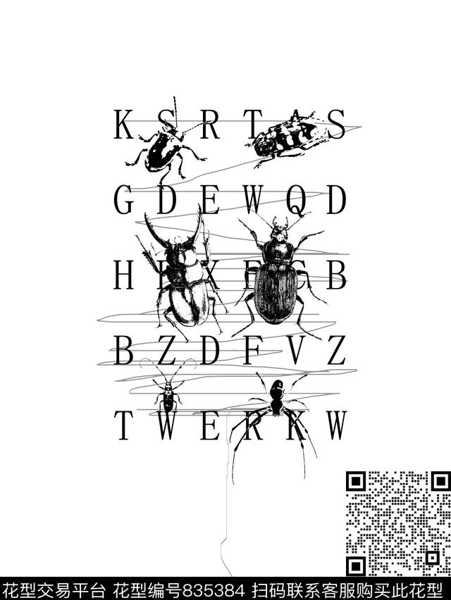 昆虫艺术英文字男装T恤华亿平台传统印花华亿平台下载（图片编号: 835384） - 瓦栏（Walan）