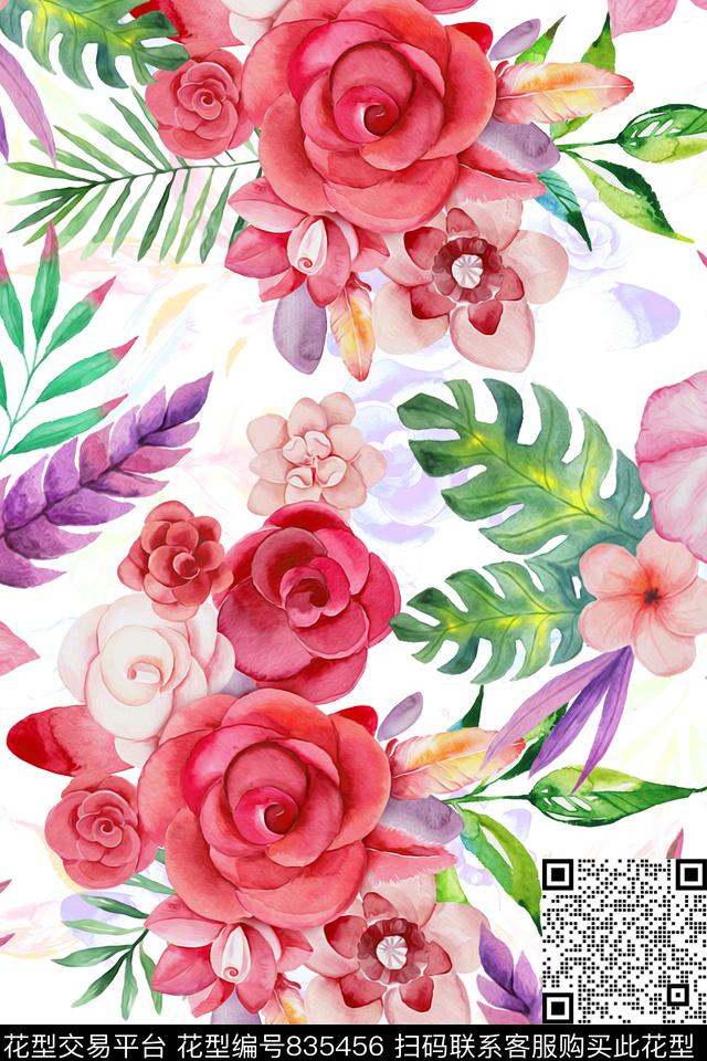 棕榈叶素雅花卉休闲风数码印花华亿平台下载（图片编号: 835456） - 瓦栏（Walan）