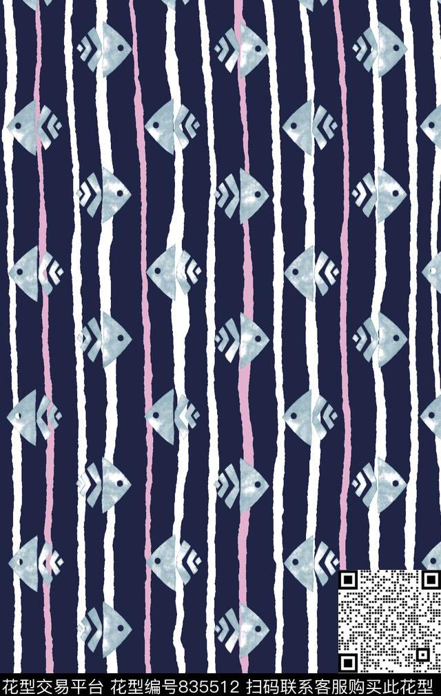 水彩鱼卡通几何条子传统印花华亿平台下载（图片编号: 835512） - 瓦栏（Walan）