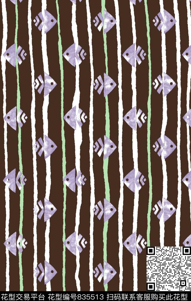 水彩鱼卡通几何条子传统印花华亿平台下载（图片编号: 835513） - 瓦栏（Walan）