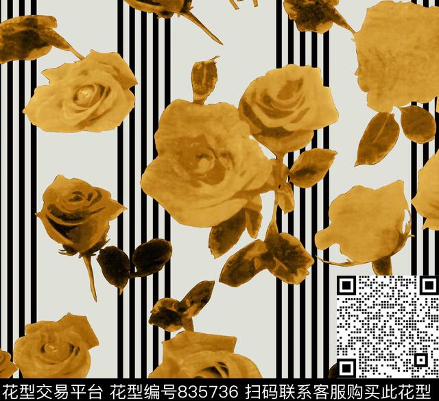 花卉玫瑰几何条子数码印花华亿平台下载（图片编号: 835736） - 瓦栏（Walan）
