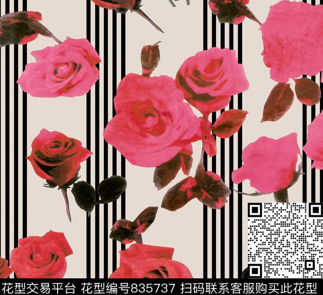 花卉玫瑰几何条子数码印花华亿平台下载（图片编号: 835737） - 瓦栏（Walan）