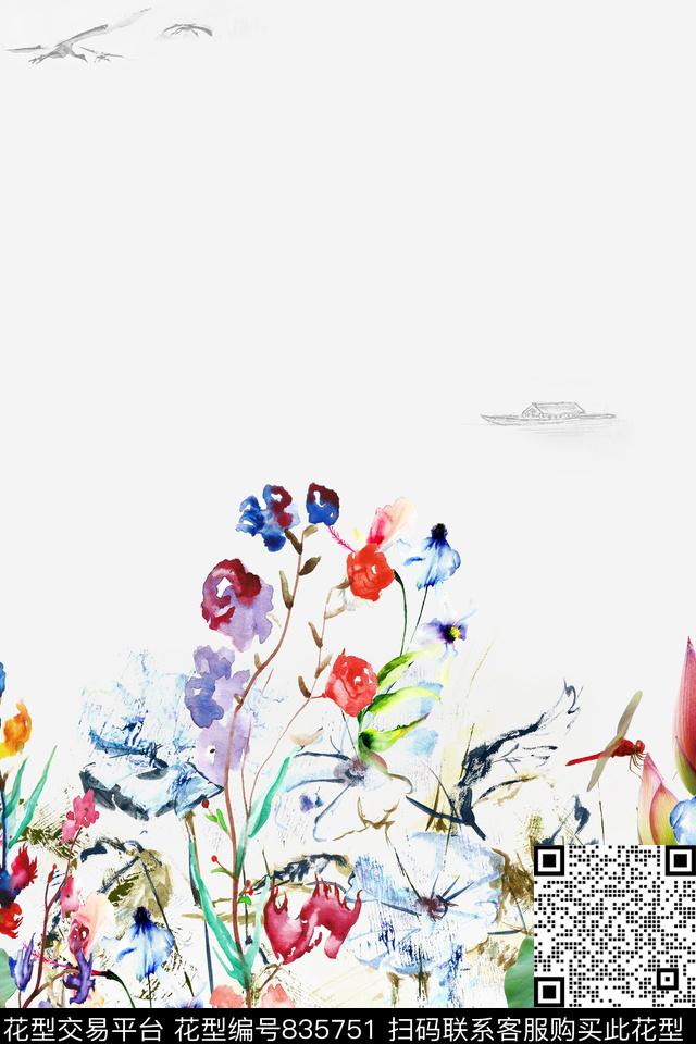 水墨下摆裙花卉数码印花华亿平台下载（图片编号: 835751） - 瓦栏（Walan）