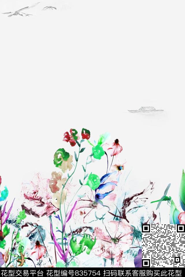 水墨下摆裙花卉数码印花华亿平台下载（图片编号: 835754） - 瓦栏（Walan）