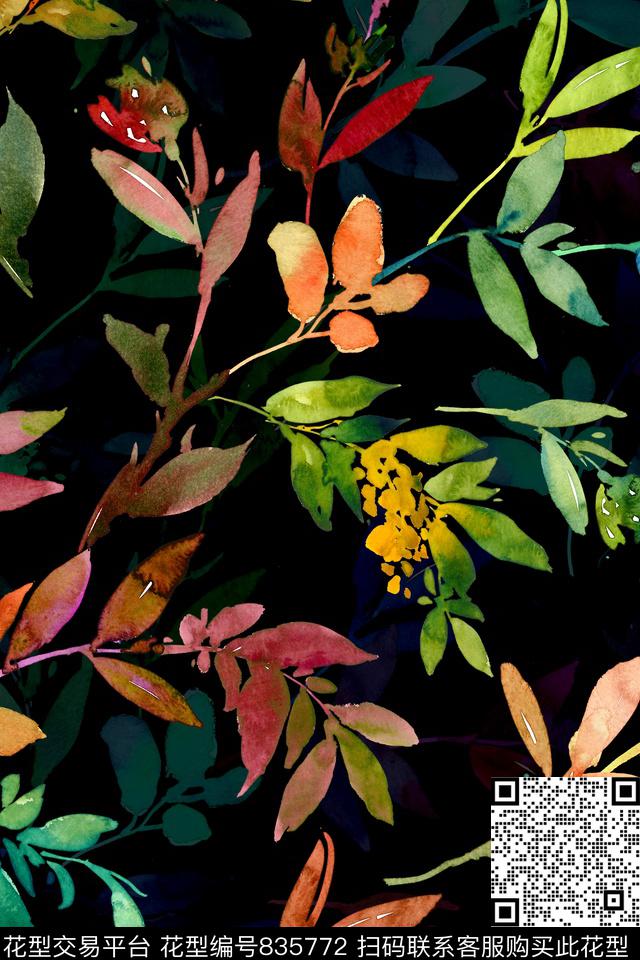 水彩叶子树叶数码印花华亿平台下载（图片编号: 835772） - 瓦栏（Walan）