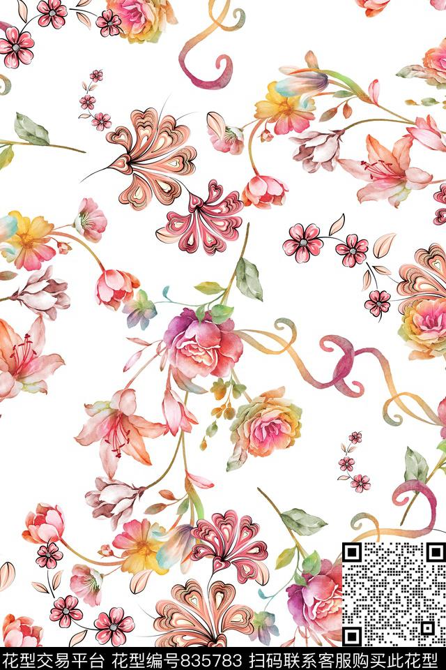 花卉清爽叶子数码印花华亿平台下载（图片编号: 835783） - 瓦栏（Walan）