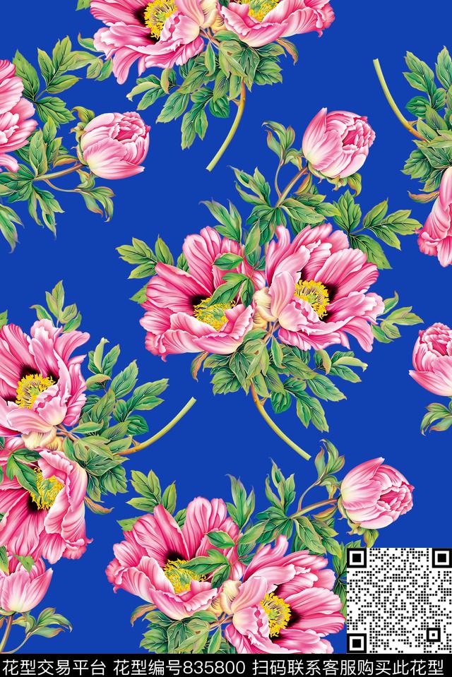 中国风奢华复古大花花卉数码印花华亿平台下载（图片编号: 835800） - 瓦栏（Walan）