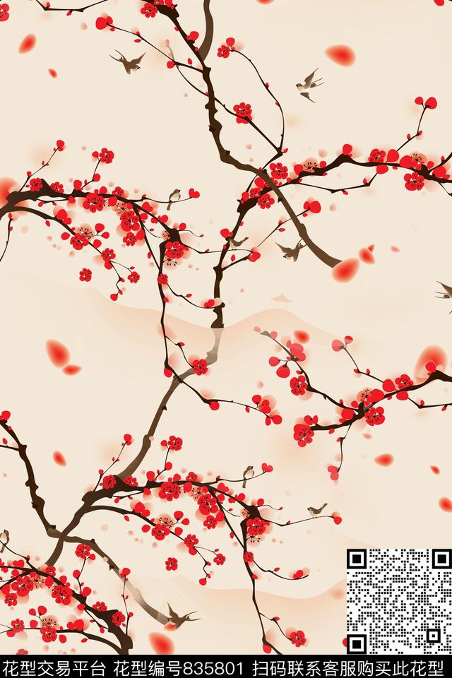 中国风梅花乱花数码印花华亿平台下载（图片编号: 835801） - 瓦栏（Walan）