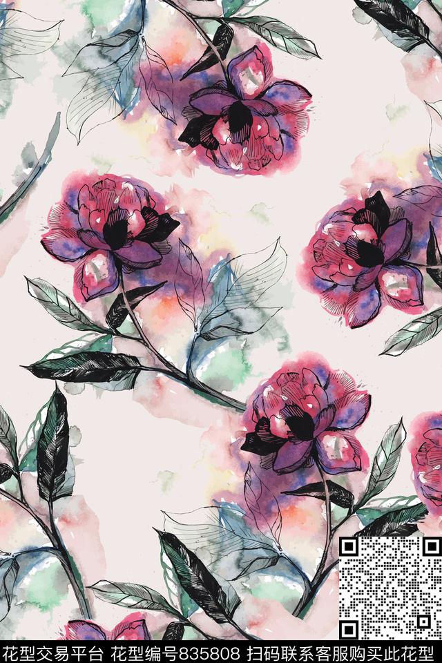 夏日清新大花乱花水彩数码印花华亿平台下载（图片编号: 835808） - 瓦栏（Walan）
