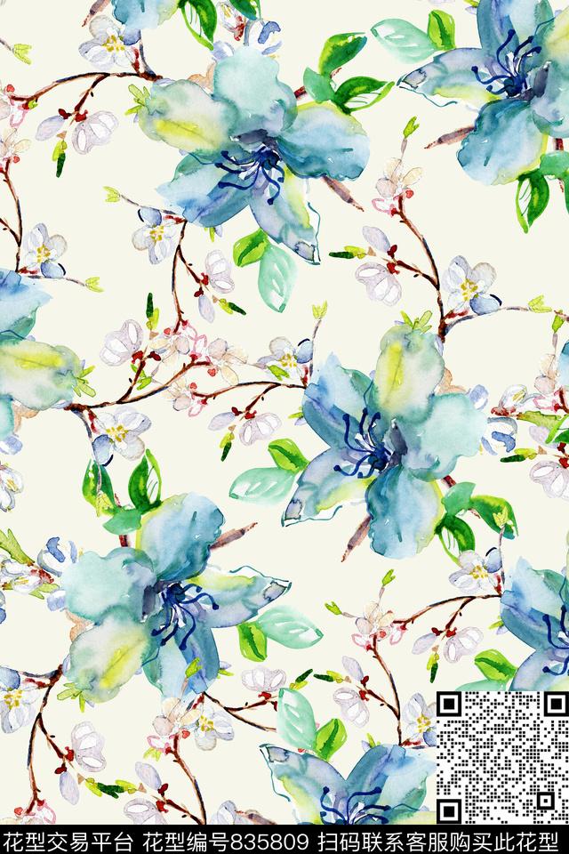 小清新手绘花卉水彩数码印花华亿平台下载（图片编号: 835809） - 瓦栏（Walan）