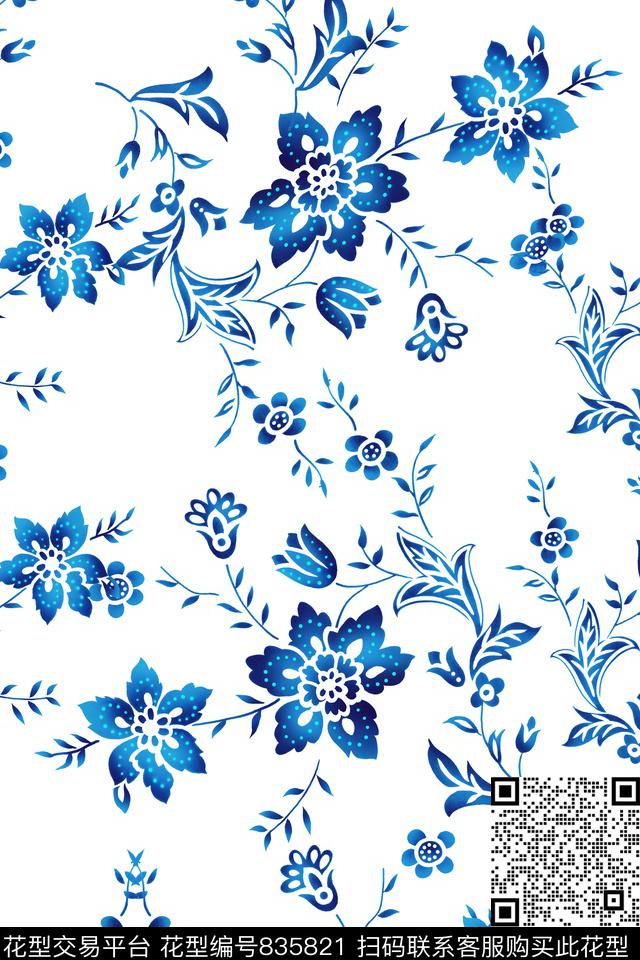 小碎花花卉青花数码印花华亿平台下载（图片编号: 835821） - 瓦栏（Walan）