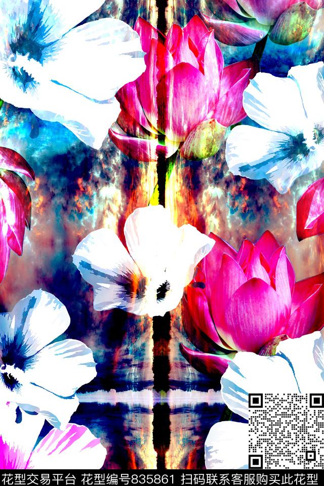 荷花浪漫风格背景时尚女装花卉数码印花华亿平台下载（图片编号: 835861） - 瓦栏（Walan）