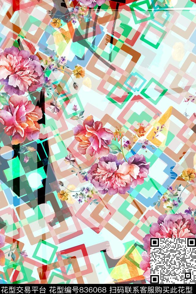 不规则几何牡丹清爽数码印花华亿平台下载（图片编号: 836068） - 瓦栏（Walan）
