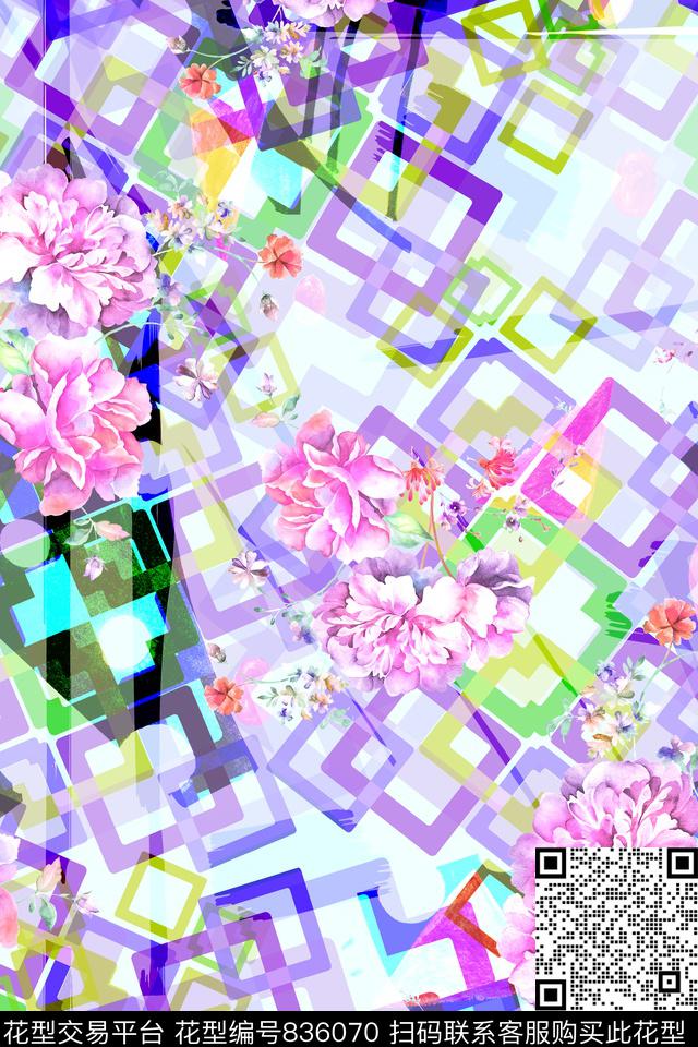 不规则几何牡丹清爽数码印花华亿平台下载（图片编号: 836070） - 瓦栏（Walan）