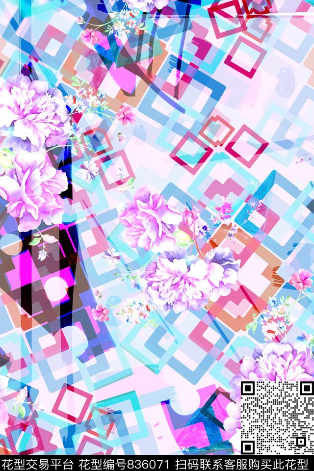 不规则几何牡丹清爽数码印花华亿平台下载（图片编号: 836071） - 瓦栏（Walan）