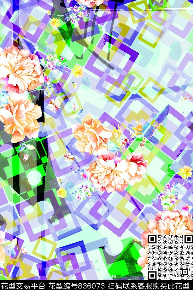 不规则几何牡丹清爽数码印花华亿平台下载（图片编号: 836073） - 瓦栏（Walan）