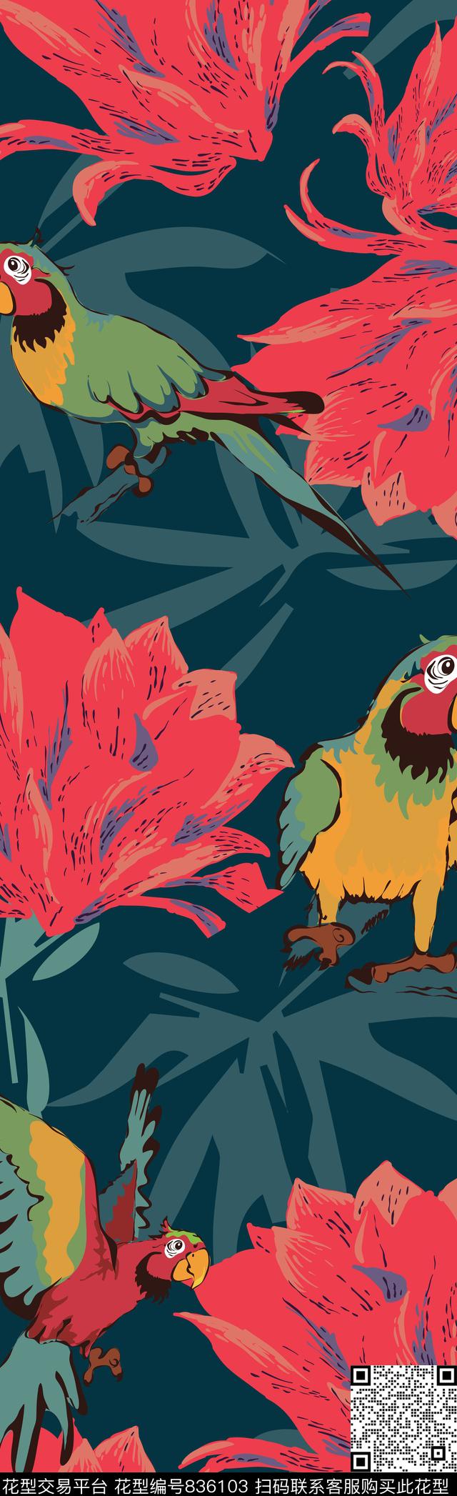 花朵花卉鹦鹉数码印花华亿平台下载（图片编号: 836103） - 瓦栏（Walan）