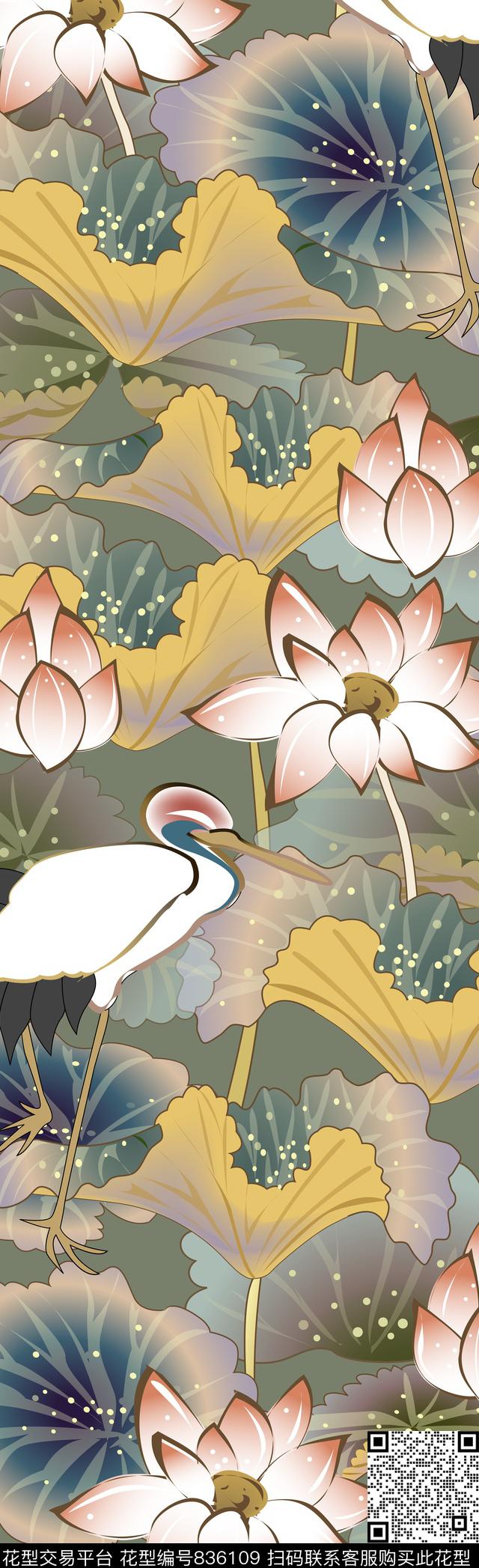 荷花荷叶仙鹤数码印花华亿平台下载（图片编号: 836109） - 瓦栏（Walan）