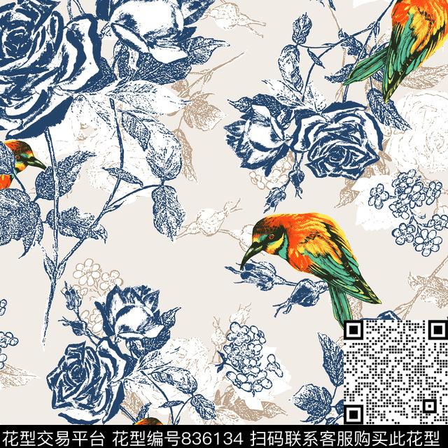 花卉色块鸟数码印花华亿平台下载（图片编号: 836134） - 瓦栏（Walan）