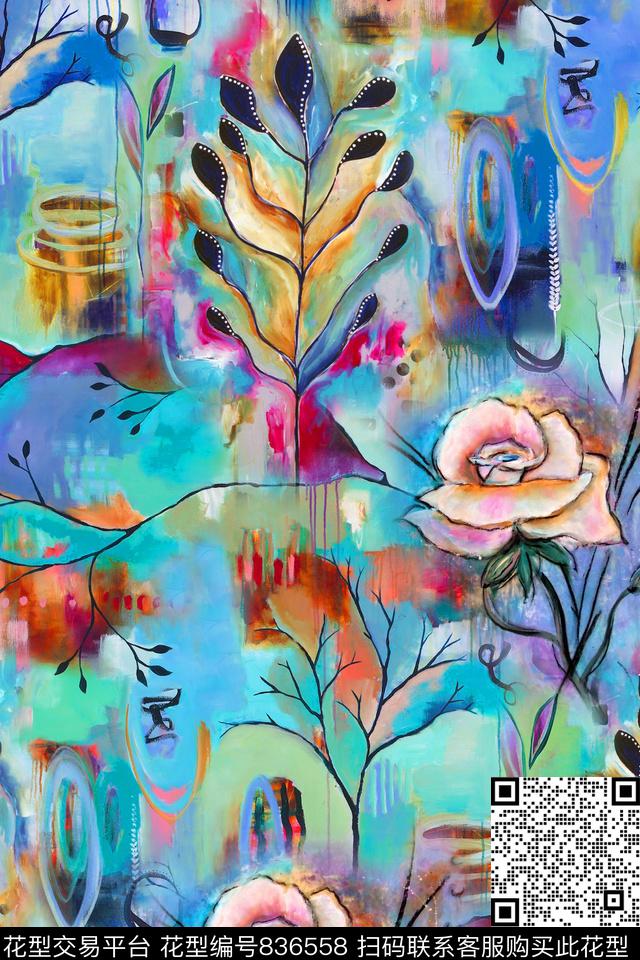 抽象油画花卉数码印花华亿平台下载（图片编号: 836558） - 瓦栏（Walan）