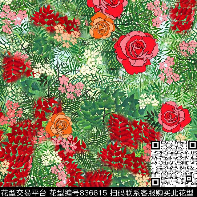清新花卉欧美风叶子数码印花华亿平台下载（图片编号: 836615） - 瓦栏（Walan）