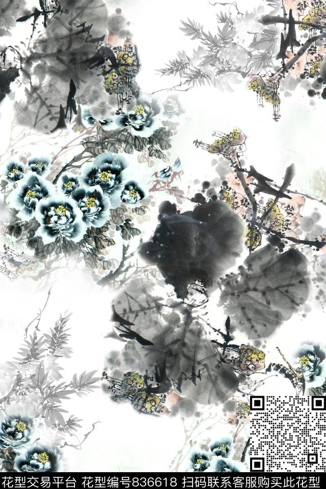 国画手绘花卉满版散花数码印花华亿平台下载（图片编号: 836618） - 瓦栏（Walan）